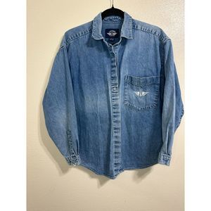 Dockers BOHO Women's Denim Embroidered Logo Button Up Long Sleeve Shirt, Size M